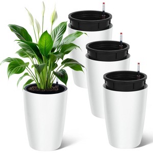 16-inch tall planter set (4 pieces), self-watering planters, suitable for outdoor plants, with built-in drainage holes and water level indicator. - 1 of 4