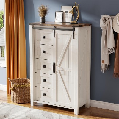 SinCiDo Farmhouse Modern 5 Drawer Tall Dresser w/Sliding Barn Door, Storage Organizer Dresser for Bedroom, Living Room & Kids Room