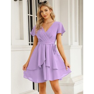 Womens Skater Dresses Sexy V Neck Short Sleeve Tie Waist Solid Ruffle Boho Flowy Swing Mini Dress - 1 of 4