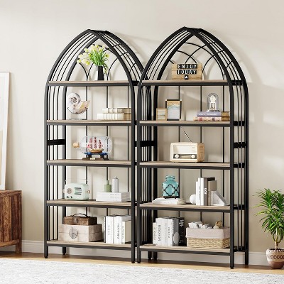 Tribesigns 5-Tier Bookshelf, 74.8" Tall Bookcase, Industrial Curved Freestanding Display Shelf, Wood Storage Shelf for Living Room, Home Office, 2PCS,
