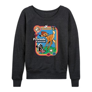 Women's - Bambi - Friends Forever Forest Animals Lightweight French Terry Wide Neck Long Sleeve Shirt - 1 of 4