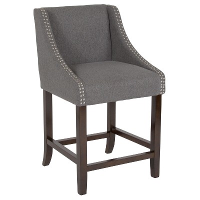 Walnut Wood Counter Height Stool with Dark Gray Fabric and Nailhead Trim - Set of 2