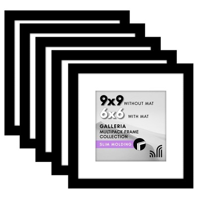 Americanflat 9x9 Picture Frame with Polished Plexiglass - Set of 5 - 6x6 with Mat or 9x9 Without Mat - Galleria - Square Frames - Black