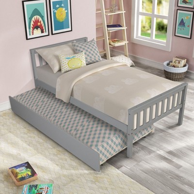 NicBex Twin Bed with Trundle,Wood Platform Bed Frame with Headboard and Footboard for Small Living Space
