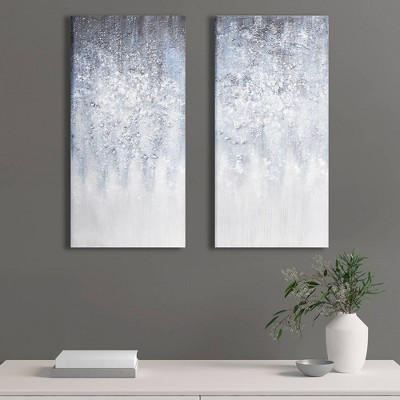 Winter Glaze Blue and White Abstract Embellished Canvas Art 15"x30"