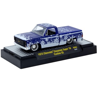 1973 Chevrolet Cheyenne Super 10 Truck Blue Metallic with White Snow Graphics Limited Ed 1/64 Diecast Model Car by M2 Machines