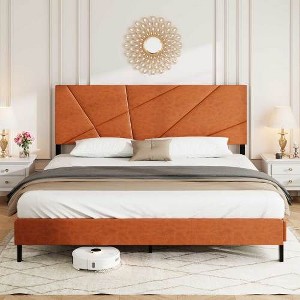 Sapphtopaz Bed Frame with lines Headboard Upholstered Metal Platform Bed with Under-Bed Storage Bed for Bedroom, No Box Spring Needed, Brown - 1 of 4
