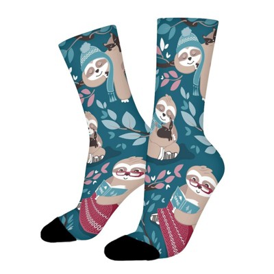 Sloth Turquoise Women Printed Crew Socks Funny Funky Socks Soft Polyester Novelty Gifts for Artists Men