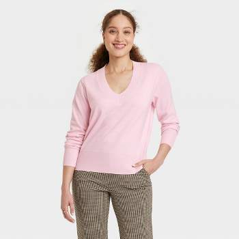 Women's Fine Gauge V-Neck Sweater - A New Day™ Heathered Pink L
