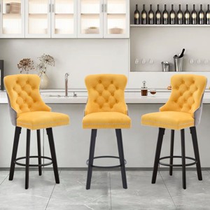 Modern Velvet Swivel Counter Height Bar Stools Set of 3,Upholstered Button Tufted Kitchen Island Footrest Barstools with Rivet Trim-Cuddlewood - 1 of 4