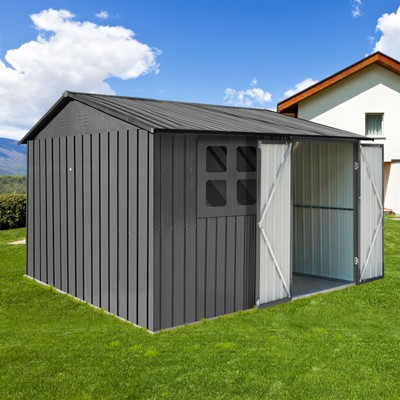 CAVINAS 6ftx8ft Outdoor Storage Sheds Metal Garden Sheds with Lockable Door and Window for Lawn, Gray