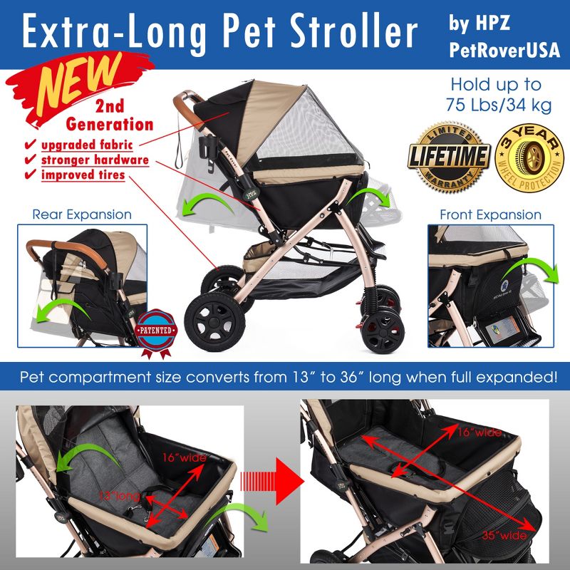 HPZ Pet Rover XL Stroller - Extra Long Premium Heavy Duty Dog/Cat/Pet Stroller Travel Carriage with Convertible Compartment/Zipperless Entry, 2 of 10