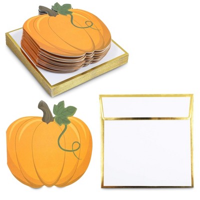 24-Pack Pumpkin Shaped Notecards and Gold Foil Envelopes for Thanksgiving (4.75 x 4.75)