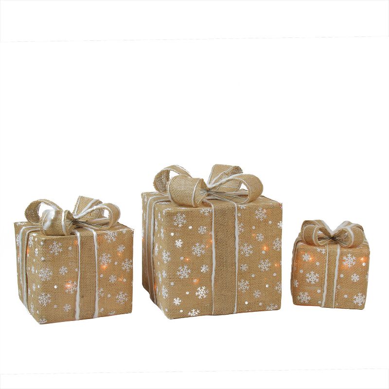 Northlight Set of 3 Lighted Natural Snowflake Burlap Gift Boxes Christmas Outdoor Decorations, 1 of 4
