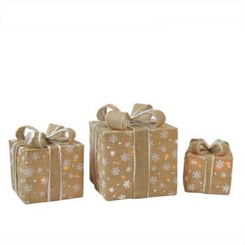 Northlight Set of 3 Lighted Natural Snowflake Burlap Gift Boxes Christmas Outdoor Decorations
