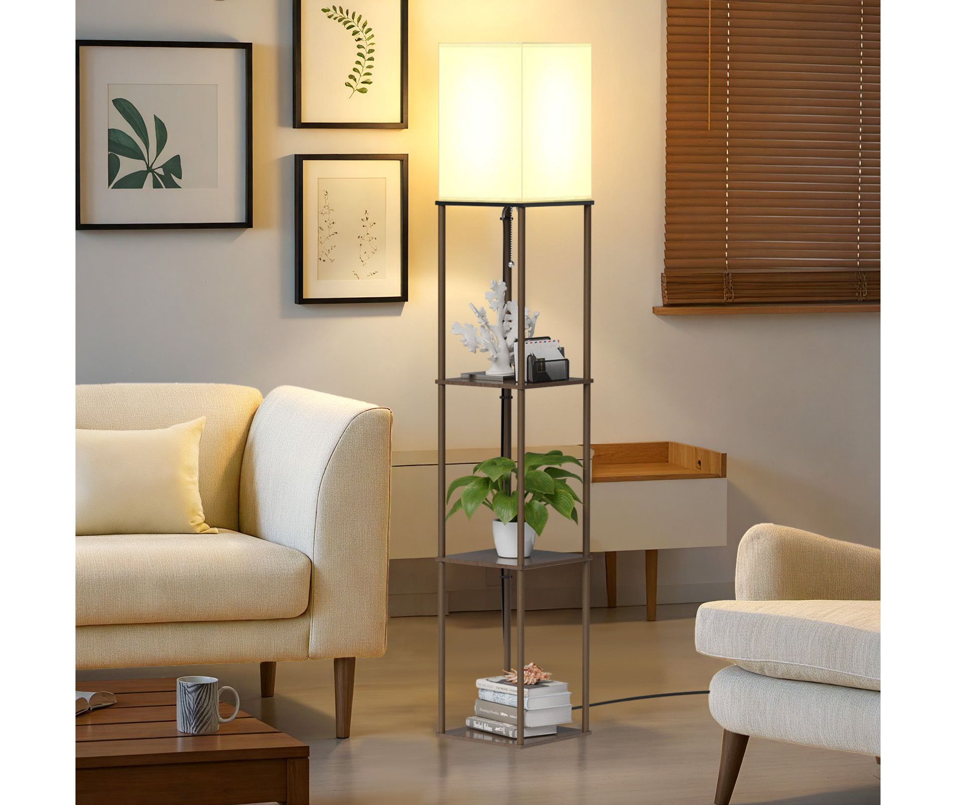 Napei 62-in Shelf Floor Lamp with Fabric Shade-Brown