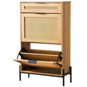 Munora Rattan Shoe Cabinet - 2 Flip Rattan Drawers + 1 Slide Drawer, Metal Legs - Slim Entryway Organizer (Light Wood Color) - 1 of 4
