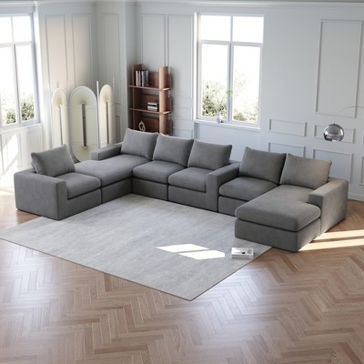 Oversized Corduroy Cloud 6-Module Sectional Sofa with Chaise, U-Shaped Modern Upholstered Sofa, Neck Pillows, High-Density Foam, No Assembly Needed