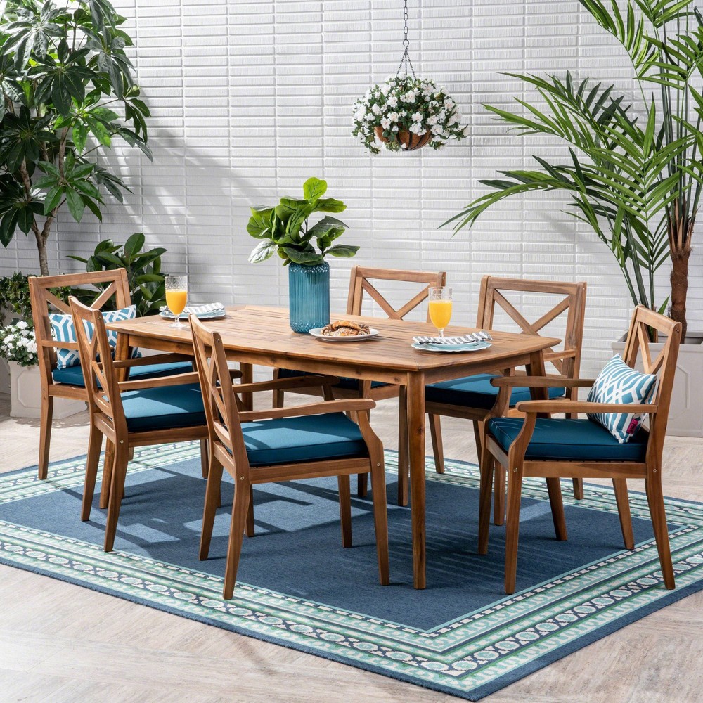 Photos - Garden Furniture Llando 7-pc Acacia Wood Dining Set - Teak/Blue - Christopher Knight Home