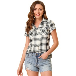 INSPIRE CHIC Women's Classic Short Sleeve Button Down Plaid Shirt - 1 of 4