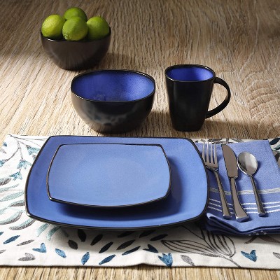 Blue and Black Square Porcelain Dinnerware Set, Service for 4