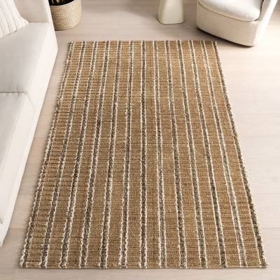 Handmade Natural and Ivory Striped Jute Rectangular Area Rug