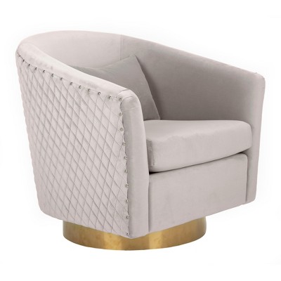 Transitional Pale Taupe Velvet Swivel Barrel Chair with Gold Legs