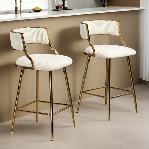 Leovsnove Set of 2,26'' Counter height bar stools Corduroy kitchen island counter bar stool with back,golden chromed base and footrest - 1 of 4