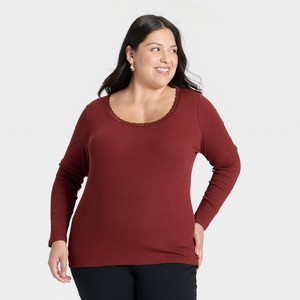Women's Long Sleeve Lace Trim Scoop Neck Top - A New Day™ - 1 of 3