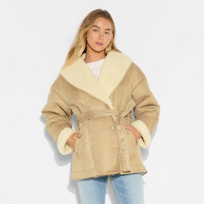 Women's Shawl Collar Shearling Coat - Wild Fable