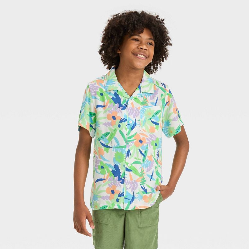 Boys&#39; Short Sleeve Tropical Printed Button-Down Shirt - Cat &#38; Jack&#8482; Green, 1 of 5