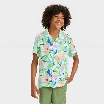 Boys' Short Sleeve Tropical Printed Button-Down Shirt - Cat & Jack™ Green
