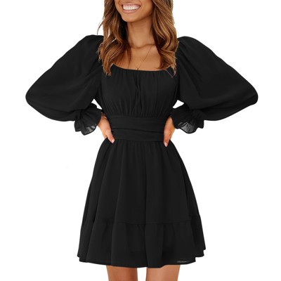 EXLURA Women's 2025 Casual Long Lantern Sleeve Dresses Square Neck Ruffle Tie Back Elastic Waist Aline Short Mini Dress