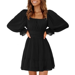 EXLURA Women's 2025 Casual Long Lantern Sleeve Dresses Square Neck Ruffle Tie Back Elastic Waist Aline Short Mini Dress - 1 of 4
