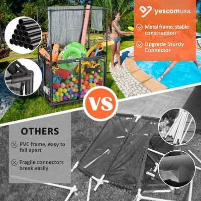 Black Metal Frame Rolling Mesh Pool Storage Bin with Towel Bar