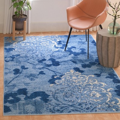 Adirondack Light Blue and Dark Blue Floral Area Rug, 6' x 9'