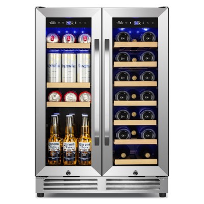 Tylza Upgraded Wine and Beverage Refrigerator 24 Inch, Dual Zone Wine Beverage Cooler with French Door, Holds 20 Bottles and 88 Cans