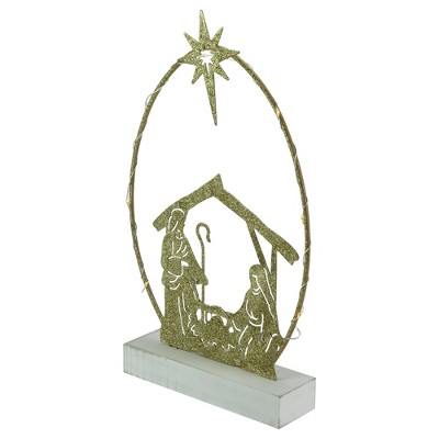 Golden Glitter LED Lighted Holy Family Nativity Scene Decoration, 14"