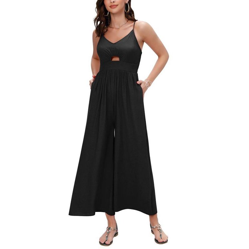 Women's Summer V Neck Spaghetti Strap Sleeveless Jumpsuits CutOut Smocked Long Wide Leg Rompers With Pockets, 2 of 7