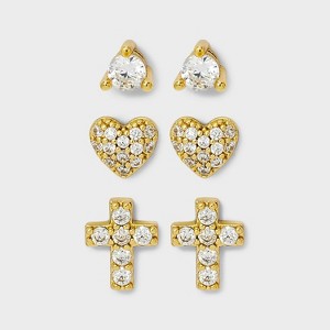 14K Gold Plated Cubic Zirconia Heart and Cross Earring Set 3pc - A New Day™ Gold - 1 of 3
