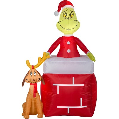 Grinch Christmas Airblown Inflatable Out of Chimney w/Max Scene Grinch, 5.5 ft Tall