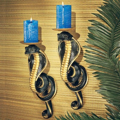 Antiqued Gold Renenutet Cobra Goddess Resin Wall Sconces, Set of Two