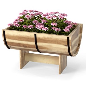 Tangkula 2 Pack Rustic Half Barrel Planters Wooden Flower Boxes with Acacia Wood Frame - 1 of 4