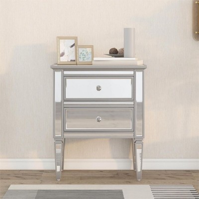 Glass Elegant Mirrored Side Table with 2 Drawers, Modern Silver Finished for Living Room