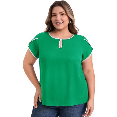 Women's Plus Size Contrasting Colors Keyhole Tulip Sleeve Summer Casual Blouses - GRACE & GRANDEUR