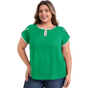 Women's Plus Size Contrasting Colors Keyhole Tulip Sleeve Summer Casual Blouses - GRACE & GRANDEUR - 1 of 4