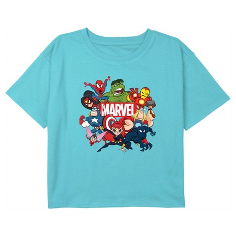 Girl's Marvel Brick Logo Character Pile Crop T-shirt - Blue - Medium ...