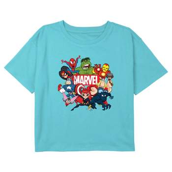 Girl's Marvel Brick Logo Character Pile Crop T-Shirt