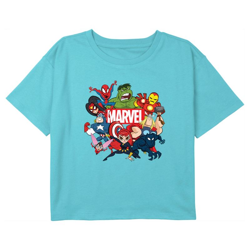 Girl's Marvel Brick Logo Character Pile Crop T-Shirt, 1 of 4
