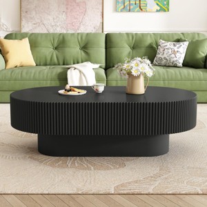 43.3" Modern Oval Fluted Coffee Table with Thick Top and Pedestal Base, Black Minimalist Center Table for Living Room -3irtyhousy - 1 of 4